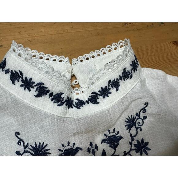 Mine White Floral Embroidery Cottagecore Prairie Boho Peasant Top Sheer Flaws - Picture 6 of 14